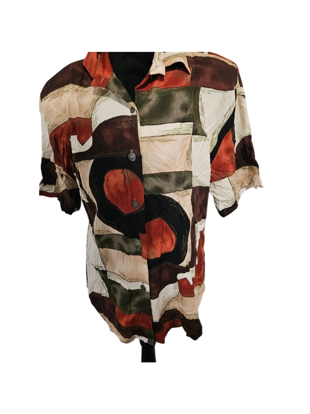 Caliche Collection Women's Blouse Abstract Art Print Shoulder Pads Button Up